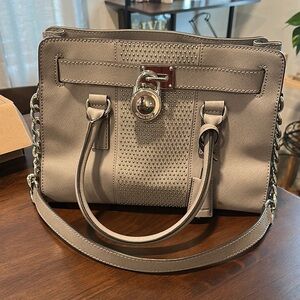 Gray Satchel with Textured Leather and Adjustable Strap